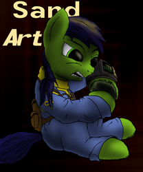 Size: 1800x2160 | Tagged: safe, artist:aaronmk, oc, oc only, oc:scotch tape, pony, fallout equestria, fallout equestria: project horizons, clothes, fanfic, fanfic art, female, filly, hooves, mare, pipbuck, sand, sand art, solo, vault suit