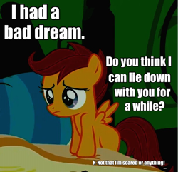 Size: 606x584 | Tagged: safe, derpibooru import, scootaloo, bed, bronybait, cute, cutealoo, frown, image macro, leaning, sad, solo