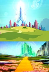 Size: 700x1032 | Tagged: safe, derpibooru import, screencap, the crystal empire, comparison, cropped, crystal empire, emerald city, no pony, the wizard of oz