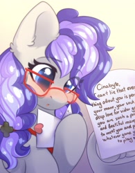 Size: 2048x2623 | Tagged: safe, artist:alphadesu, oc, oc:cinnabyte, earth pony, pony, adorkable, bandana, confused, cute, dork, female, glasses, love, love letter, mare