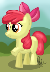 Size: 573x821 | Tagged: safe, artist:rebeccahull45, derpibooru import, apple bloom, earth pony, apple bloom's bow, female, filly, hair bow, red mane, yellow coat