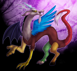 Size: 1280x1180 | Tagged: safe, artist:thepipefox, derpibooru import, discord, draconequus, gradient background, male, solo