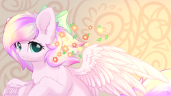 Size: 1920x1080 | Tagged: safe, artist:alphadesu, oc, oc only, oc:iridescent flings, pegasus, pony, abstract background, bow, chest fluff, cute, ear fluff, female, flower, flower in hair, hair bow, looking at you, mare, ocbetes, smiling, solo, spread wings, wings