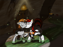 Size: 1600x1200 | Tagged: safe, artist:burnout42, oc, oc only, oc:blackjack, oc:littlepip, cyborg, pony, unicorn, fallout equestria, fallout equestria: project horizons, bottle, cutie mark, eyes closed, fanfic, fanfic art, female, hooves, horn, kissing, lesbian, mare, pipbuck, raised hoof, shipping, underground, water