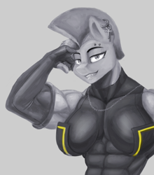 Size: 2200x2500 | Tagged: safe, artist:mopyr, oc, oc:edelweiss, anthro, abs, anthro oc, big breasts, breasts, clothes, ear piercing, earring, female, gloves, jewelry, lesbian, mohawk, muscles, piercing, skintight clothes, smiling, smirk, solo