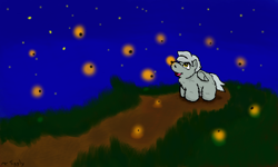 Size: 854x512 | Tagged: safe, artist:mr tiggly the wiggly walnut, derpibooru import, firefly (insect), fluffy pony, night