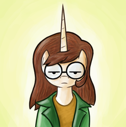 Size: 646x653 | Tagged: safe, artist:paperpony, derpibooru import, anthro, unicorn, clothes, daria, daria morgendorffer, female, filly, foal, glasses, jacket, looking at you, open clothes, open jacket, ponified, round glasses, rule 85, teenager, unamused