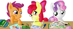 Size: 3287x1296 | Tagged: safe, artist:gatitonyaa, derpibooru import, apple bloom, scootaloo, sweetie belle, cutie mark crusaders