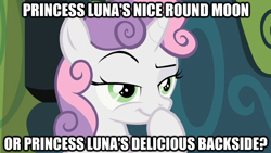 Size: 624x351 | Tagged: safe, derpibooru import, sweetie belle, pony, unicorn, female, filly, image macro, solo, thinking