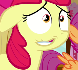 Size: 716x638 | Tagged: safe, derpibooru import, edit, edited screencap, screencap, apple bloom, hearts and hooves day (episode), clubhouse, cropped, crusaders clubhouse, floppy ears, hearts and hooves day, inverted mouth, offscreen character, solo focus