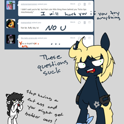 Size: 800x800 | Tagged: safe, artist:what a ridiculous mod, derpibooru import, oc, oc only, oc:starlight gear, oc:stripey butts, earth pony, goat, pony, semi-anthro, ..., ask, ask a ridiculous fan pony, bipedal, clothes, dialogue, duo, floppy ears, frown, glare, gloves, gray background, no u, open mouth, simple background, tumblr, wide eyes