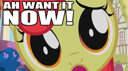 Size: 639x357 | Tagged: safe, screencap, apple bloom, earth pony, pony, call of the cutie, accent, female, filly, i want it now, image macro, sad, solo