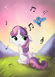 Size: 429x600 | Tagged: safe, artist:aurorie, sweetie belle, bird, pony, unicorn, female, filly, music