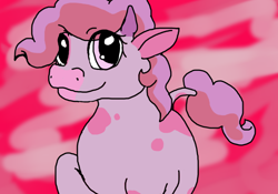 Size: 900x630 | Tagged: safe, artist:wolf-wishes, oc, oc only, cow, female, looking at you, pink coat, pink hair, pink tail, raised hoof, raised leg, simple background, smiling, solo
