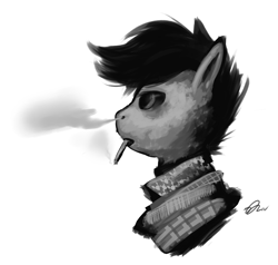 Size: 900x856 | Tagged: safe, artist:ninthsphere, scootaloo, black and white, cigarette, clothes, grayscale, monochrome, older, smoking, solo