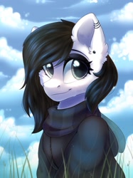 Size: 1535x2048 | Tagged: safe, artist:alphadesu, oc, oc only, oc:lodey darkshine, pony, bust, cheek fluff, clothes, cloud, ear fluff, ear piercing, earring, eyeshadow, female, grass, jewelry, makeup, mare, piercing, scarf, signature, sitting, sky, smiling, solo, sweater