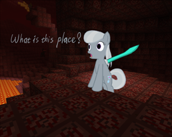 Size: 1000x800 | Tagged: safe, artist:fantasyglow, artist:posexe, derpibooru import, silver spoon, earth pony, pony, crossover, diamond sword, female, filly, foal, lava, lonely spoon, mare, minecraft, nether (minecraft), solo, sword, tumblr, weapon