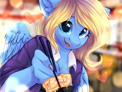 Size: 1280x960 | Tagged: safe, artist:alphadesu, oc, oc only, oc:lusty symphony, anthro, pegasus, anthro oc, chopsticks, clothes, ear fluff, floating, food, looking at you, open mouth, smiling, wings