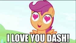 Size: 854x480 | Tagged: safe, derpibooru import, edit, edited screencap, screencap, scootaloo, lesson zero, heart eyes, image macro, implied lesbian, implied scootadash, implied shipping, love, wingding eyes