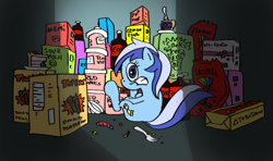 Size: 900x532 | Tagged: safe, artist:onsaud, derpibooru import, minuette, candy, caught, solo