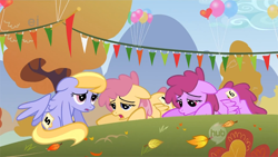 Size: 640x360 | Tagged: safe, derpibooru import, screencap, cloud kicker, dizzy twister, orange swirl, pegasus, pony, fall weather friends, background pony, balloon, female, juicy fruit, mare, not berry punch, tired, trio