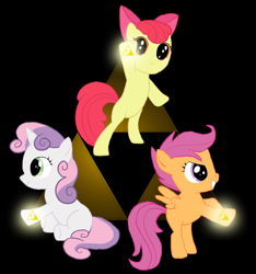 Size: 1450x1550 | Tagged: safe, artist:fantasyglow, artist:posexe, derpibooru import, apple bloom, scootaloo, sweetie belle, cutie mark crusaders, the legend of zelda, triforce