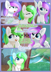 Size: 800x1132 | Tagged: safe, artist:alphadesu, oc, oc only, oc:minty root, oc:snow kicker, pegasus, pony, unicorn, comic:sisterly love, bag, bow, comic, ear fluff, eyes closed, female, flying, glowing horn, hair bow, hooves, horn, magic, magical umbrella, mare, open mouth, outdoors, rain, saddle bag, sitting, smiling, spread wings, standing, tree, umbrella, wings
