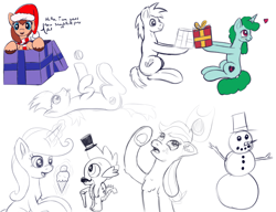 Size: 1300x1000 | Tagged: safe, artist:redquoz, applejack, spike, oc, dragon, earth pony, pony, unicorn, drawpile, facial hair, female, gift box, hatless, heart, horn, ice cream cone, male, mare, missing accessory, moustache, present, sketch, sketch dump, snowman, snugglefluff, stallion, tiny hat, unicorn oc