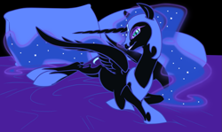 Size: 1339x797 | Tagged: safe, artist:jackjacko-eponymous, artist:php27, color edit, edit, nightmare moon, alicorn, pony, succubus, bed, bedroom eyes, colored, ethereal mane, female, go to bed, grin, hoof shoes, mare, pillow, slit eyes, smiling, solo, starry mane, stupid sexy nightmare moon, sultry pose