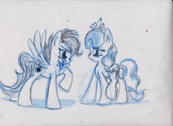 Size: 3501x2550 | Tagged: safe, artist:deihiru, derpibooru import, diamond tiara, scootaloo, earth pony, pegasus, pony, female, flower, lesbian, scootiara, shipping, sketch