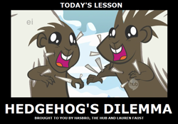 Size: 891x624 | Tagged: safe, derpibooru import, hedgehog's dilemma, porcupines, simple background, text