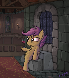 Size: 960x1080 | Tagged: safe, artist:scrimpeh, derpibooru import, scootaloo, vampire, wine