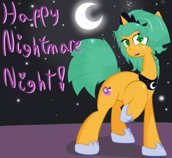 Size: 1280x1185 | Tagged: safe, artist:kryptchild, derpibooru import, snails, ask glitter shell, clothes, crown, glitter shell, male, moon, necklace, nightmare night, shoes, solo, stars, trap