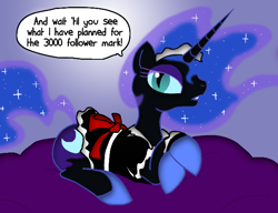 Size: 650x500 | Tagged: dead source, safe, artist:alfa995, artist:darkponysoul, derpibooru import, nightmare moon, alicorn, pony, bed, bedroom eyes, clothes, colored, looking at you, maid, maidmare moon, prone, ribbon, solo