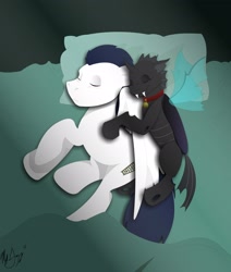 Size: 2088x2460 | Tagged: safe, artist:ironhooves, derpibooru import, oc, oc only, oc:kuno, oc:warden, changeling, pegasus, pony, fanfic:an affliction of the heart, bell, bell collar, changeling oc, collar, snuggling