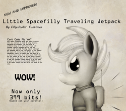 Size: 1500x1325 | Tagged: safe, artist:zirbronium, scootaloo, pegasus, pony, female, filly, looking at you, monochrome, simple background, solo, text, white background