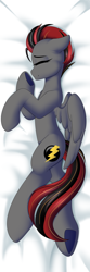 Size: 2362x7086 | Tagged: safe, artist:xcinnamon-twistx, oc, oc only, pegasus, pony, bed, bed sheets, body pillow, body pillow design, calm, comfy, commission, eyes closed, female, floppy ears, happy, mare, on side, smiling, wings, ych result, your character here