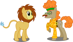 Size: 6000x3532 | Tagged: safe, artist:ambassad0r, derpibooru import, doctor fauna, doctor muffin top, big cat, lion, costume, disco, hippocrates, horse md, nightmare night, simple background, transparent background, vector, wip