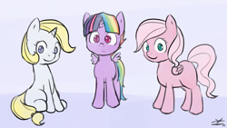 Size: 1057x597 | Tagged: safe, artist:speccysy, oc, oc only, oc:aurora blast, oc:candy cloud, oc:golden apple, alicorn, pony, fanfic, magical lesbian spawn, my little mommies, offspring, parent:applejack, parent:fluttershy, parent:pinkie pie, parent:rainbow dash, parent:rarity, parent:twilight sparkle, parents:flutterpie, parents:rarijack, parents:twidash