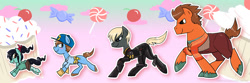 Size: 1600x534 | Tagged: dead source, safe, artist:shufflestripes, derpibooru import, armor, calhoun, candy, fix-it felix jr., hero's duty, ponified, sugar rush, vanellope von schweetz, wreck-it ralph