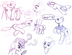 Size: 1300x1000 | Tagged: safe, artist:redquoz, oc, earth pony, unicorn, beret, clothes, colt, confused, deerstalker, detective, drawpile, earth pony oc, easel, extreme perspective, film camera, flop, food, galloping, happy, hat, hooves, horn, ice cream, magnifying glass, male, monocle, posh, sketch, sketch dump, spats, stallion, suit, unicorn oc