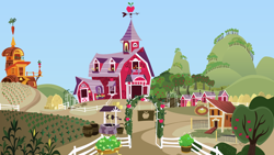 Size: 1562x880 | Tagged: safe, artist:stinkehund, derpibooru import, background, carrot farm, chicken coop, corn, scenery, svg, sweet apple acres