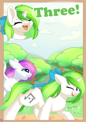 Size: 800x1132 | Tagged: safe, artist:alphadesu, oc, oc only, oc:minty root, oc:snow kicker, pegasus, pony, unicorn, comic:sisterly love, amputee, bow, comic, ear fluff, female, floppy ears, hair bow, hooves, horn, mare, one eye closed, open mouth, outdoors, running, smiling, spread wings, tree, wings