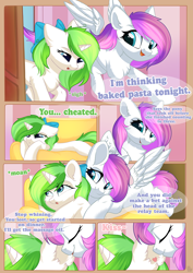 Size: 800x1132 | Tagged: safe, artist:alphadesu, oc, oc only, oc:minty root, oc:snow kicker, pegasus, pony, unicorn, comic:sisterly love, amputee, bow, chest fluff, comic, cute, ear fluff, eyes closed, female, floppy ears, flying, hair bow, hoof hold, hooves, horn, hug, kissing, lying down, mare, mouth hold, open mouth, prone, smiling, spread wings, standing, wings