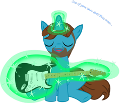 Size: 990x807 | Tagged: safe, artist:shimmerscroll, pony, unicorn, beard, classic rock ponies, electric guitar, eric clapton, eyes closed, facial hair, fender stratocaster, glowing horn, guitar, levitation, magic, magic aura, male, musical instrument, musician, ponified, sitting, stallion, telekinesis