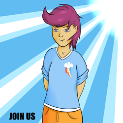 Size: 1000x1000 | Tagged: safe, artist:redesine, derpibooru import, scootaloo, clothes, female, humanized, purple hair, solo