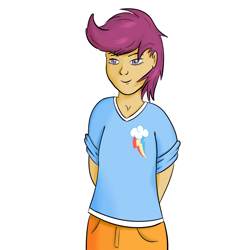 Size: 1000x1000 | Tagged: safe, artist:redesine, derpibooru import, scootaloo, clothes, female, humanized, purple hair, solo