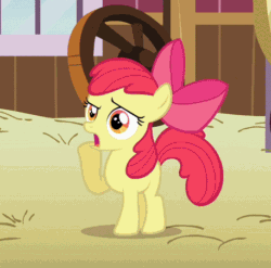 Size: 457x451 | Tagged: safe, apple bloom, earth pony, pony, animated, confused, female, filly, raised hoof, solo