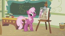 Size: 1280x720 | Tagged: safe, derpibooru import, cheerilee, cheerilee's clipboard meme, droste effect, exploitable meme, meme, ponyville schoolhouse, recursion, solo