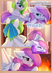 Size: 800x1132 | Tagged: safe, artist:alphadesu, oc, oc only, oc:minty root, oc:snow kicker, pegasus, pony, unicorn, comic:sisterly love, amputee, bow, chest fluff, comic, ear fluff, female, fire, fireplace, floppy ears, hair bow, hooves, horn, lying down, mare, massage, moaning, one eye closed, pillow, prone, sigh, sitting, smiling, spread wings, wings